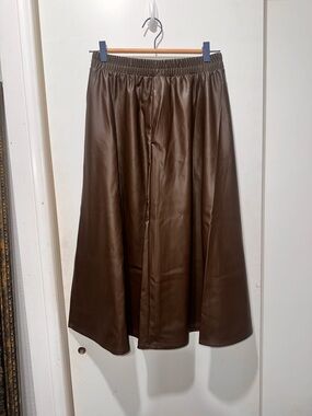 Brown Faux Leather A-Line Midi Skirt - Women